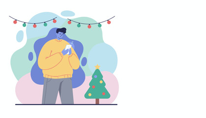 Holiday boredom Man distracted by smartphone next to a Christmas tree and festive lights