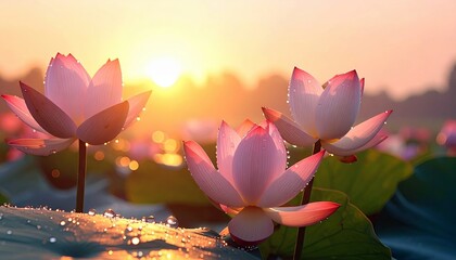 Close-up of pink lotus flowers with water droplets, blooming in a pond at sunrise. The background is blurred with a golden light.