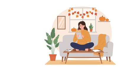 A worried woman uses a tablet in a cozy autumn living room while working remotely
