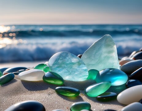 sea glass and stones on beach with natural ice like texture
