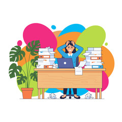 Burnout Frustrated woman gripping her head surrounded by huge stacks of files and documents