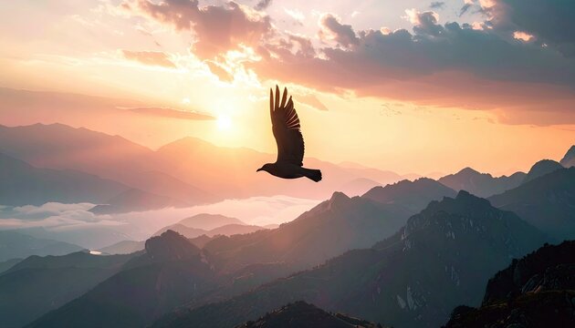 An eagle silhouetted against a beautiful sunset, flying over a majestic mountain range.