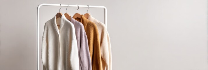 Neutral tone sweaters on hangers displayed on minimalist clothing rack