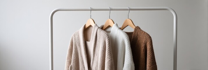 Neutral-toned sweaters hanging on rack against minimalist background