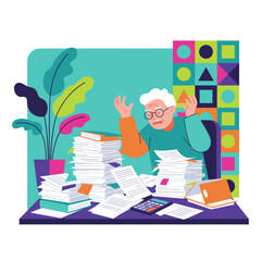 Stressed senior man overwhelmed by piles of documents taxes and administration