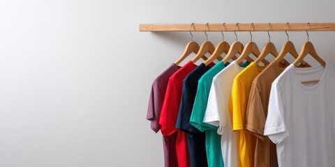Obraz premium Row of colorful t-shirts hanging on wooden clothing rack