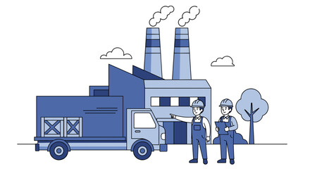 Factory workers and delivery truck outside industrial plant Logistics and manufacturing concept