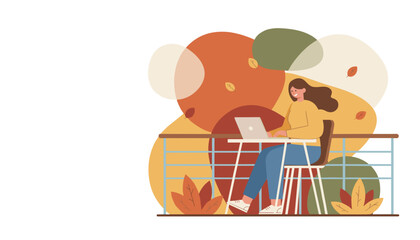 Remote work concept Woman using laptop on balcony in warm autumn colors