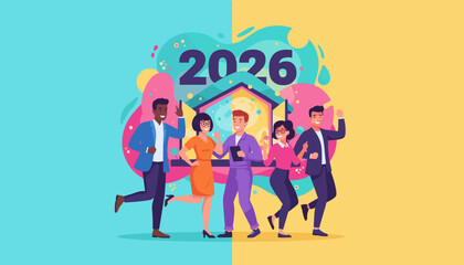 Diverse business team celebrating 2026 goals and success New year planning illustration