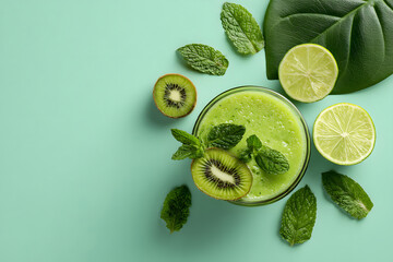 Refreshing green kiwi and mint smoothies served with lime on a pastel background
