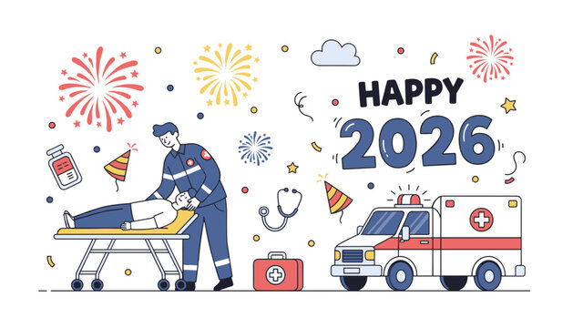 Happy 2026 healthcare concept paramedic assisting patient near ambulance with festive fireworks