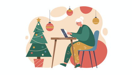 Senior woman using laptop beside Christmas tree Holiday technology and remote connection