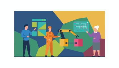 Engineers and worker collaborate on industrial automation and robotic technology management