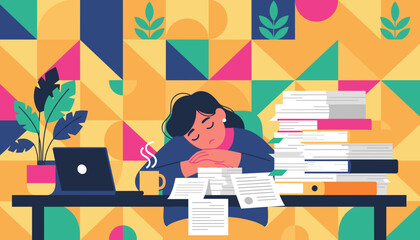 Exhausted woman sleeping on her desk surrounded by paper piles and documents Overwork and burnout concept