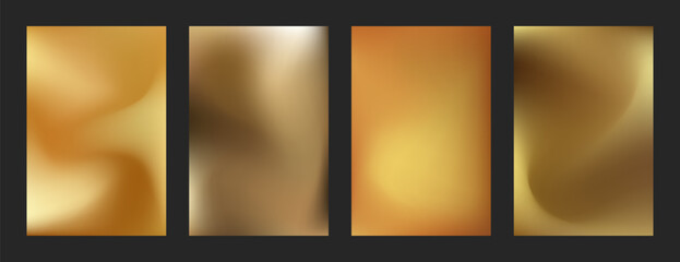 Gold aesthetic mesh gradient set. Soft blurry golden backgrounds for poster, apps, screen themes. Subtle gold ethereal metallic aura backdrops for any luxury design.