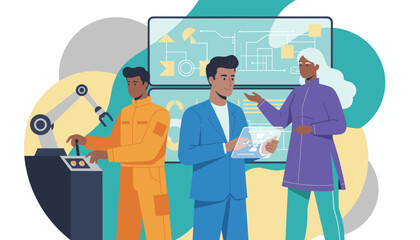 Diverse team manages industrial automation using robotics technology and advanced data analysis