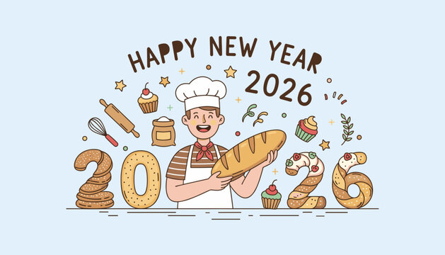 Bakery New Year 2026 greeting card Smiling chef with bread cupcakes and pastry numbers
