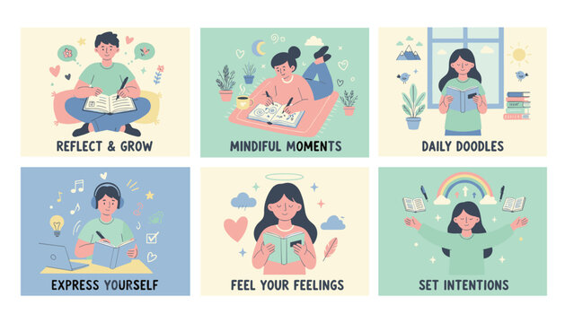 Journaling for selfcare Illustrations showing reflection mindfulness and personal growth activities