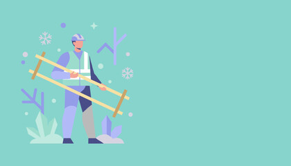 Construction worker holding wooden barrier in a flat winter vector design safety concept