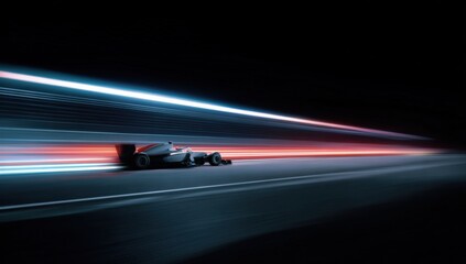 Sleek formula 1 car racing at night with dynamic light trails