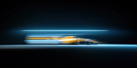 High-speed yellow race car blur in dark tunnel with blue lights