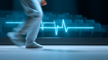 Close-up of person walking indoors with motion blur and glowing heartbeat line in background representing health and fitness