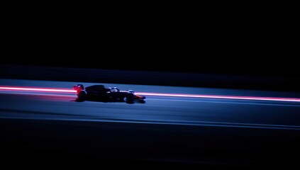 Silhouette of racing car speeding on night track with red light trail