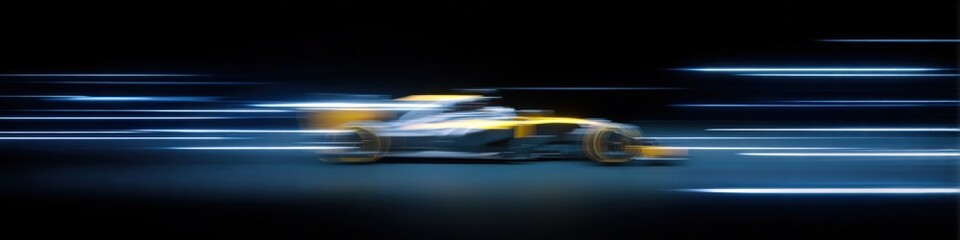 Obraz premium High-speed yellow racing car blurred motion on dark track
