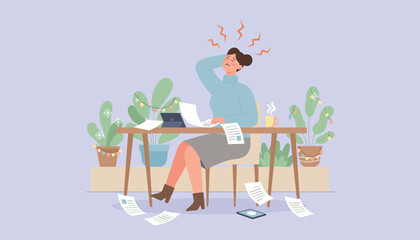 Businesswoman stressed with deadline chaos suffering headache during holiday season Vector illustration