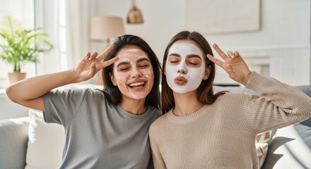 Two young women wearing skincare masks gesture peace signs while sitting on a sofa in a living room.