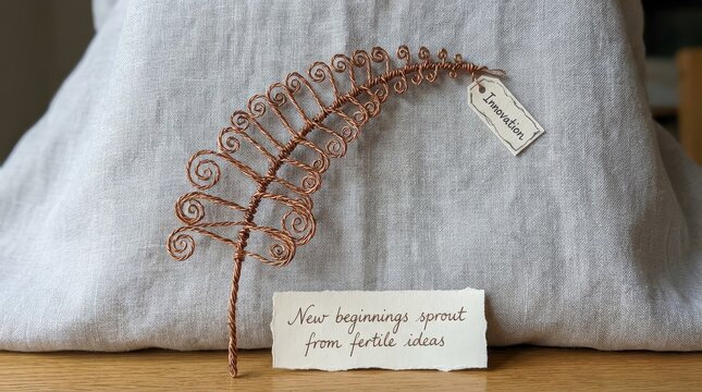 Copper wire fern sculpture with inspirational message tag
