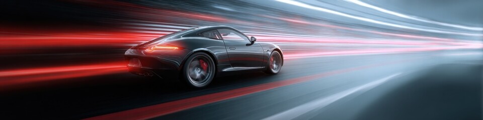 Obraz premium Sleek black sports car driving fast on a blurred highway at night