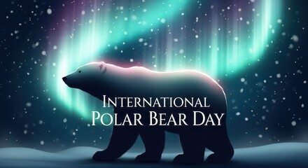 Polar bear under the aurora borealis on international polar bear day, celebrating arctic wildlife and conservation efforts in a snowy landscape