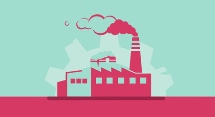 Stylized pink factory illustration with smoke representing industry manufacturing production and pollution