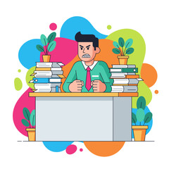 Angry businessman overwhelmed by excessive paperwork and stress Office workload burnout concept
