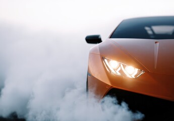 Orange sports car drifting through smoke with headlights on at dusk
