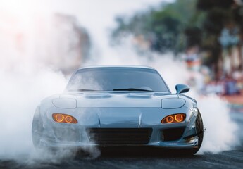 Sleek silver sports car drifting with smoke and glowing headlights on track