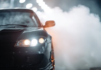 Black sports car with headlights on in smoky street at night