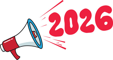 Exciting 2026 announcement with megaphone, get ready for the future, new beginnings and opportunities, perfect for marketing campaigns and promotional events