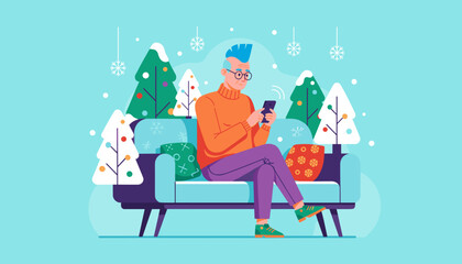 Stylish man uses phone on a couch in a festive snowy winter scene Holiday communication concept