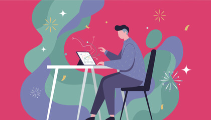 Man analyzing data on tablet for innovation and success surrounded by abstract creativity