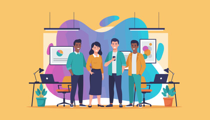 Diverse business team standing together in a modern collaborative office space