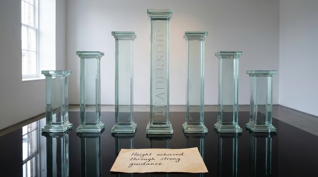 Glass columns display leadership award with handwritten note