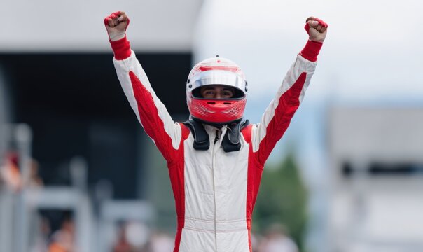 Victorious hispanic male racer celebrating win in red racing suit and helmet