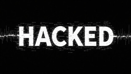 Hacked text on black background with glitch effect, representing cybersecurity issues and digital threats