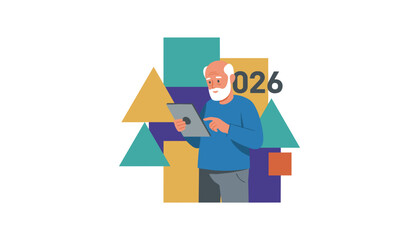 Senior man using a tablet with geometric shapes and 2026 Retirement future planning and digital life