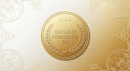 Golden embossed circular medal with laurel wreath and text employee appreciation on a textured background with ornate details