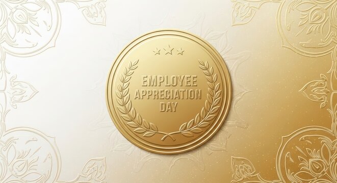 Golden embossed circular medal with laurel wreath and text employee appreciation on a textured background with ornate details - Powered by Adobe