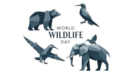 World wildlife day illustration featuring lowpoly animals including a bear, elephant, and birds on a white background
