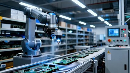 Advanced robotics conducting automated circuit testing in a modern warehouse highlighting seamless integration of technology in quality control workflows.